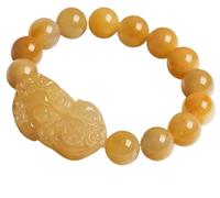 Pulsera Feng Shui de la riqueza, Riqueza Pixiu/Pi Yao que lleva monedas antiguas Brazalete elástico de jade de seda dorada natural, 10MM, Acetato, No es una piedra preciosa