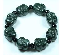 Pulsera Feng Shui para hombres Pulsera de jade hetiano natural Cabeza de Buda sonriente Pulsera elástica con cuentas Amuleto de jade verde Meditación Talismán de buena suerte para la prosperidad y la