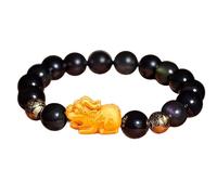 Pulsera Feng Shui Pi Yao - Abalorio guardián de plata chapada en oro y obsidiana negra para buena suerte y riqueza, 14mm, Piedra, Sin piedra preciosa
