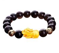 Pulsera Feng Shui Pi Yao - Abalorio guardián de plata chapada en oro y obsidiana negra para buena suerte y riqueza, 14mm, Piedra, Sin piedra preciosa