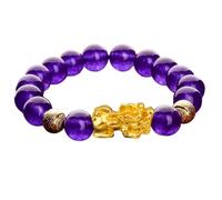 Pulsera Feng Shui Pixiu - Pulsera de oro vietnamita Pi Yao Wealth con ágata morada - Abalorio de la suerte para dinero, amor y prosperidad, 12mm, Piedra, Sin piedra preciosa