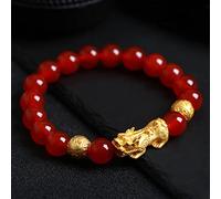 Pulsera Feng Shui Pulsera de dragón Pulsera de obsidiana Negra Natural Pulsera de Cristal con Dije de Oro Talismán Piedra Chakra Amuleto de Cuarzo para la Buena Suerte, ágata roja, 10 mm
