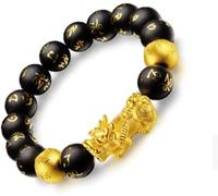 Pulsera Feng Shui,Pulsera de obsidiana Negra,Pulsera de Riqueza Pi Yao de Oro de obsidiana Feng Shui Amuleto auténtico Riqueza de la Suerte Proteger de los espíritus malignos Pulsera Talismán para la