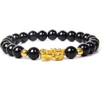 Pulsera Feng Shui, Pulseras Pixiu de cuentas obsidiana natural for mujer y hombre. Joyería unisex for la buena suerte prosperidad, 19cm, Acetato, No es una piedra preciosa