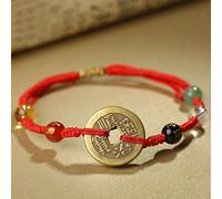 Pulsera Feng Shui Tobillera Pulsera de Hilo Rojo Cinco Monedas Antiguas Amuletos de la Suerte Pulsera Cuentas de Riqueza Pulsera de Cristal Pulsera Budista Hecha a Mano Ajustable