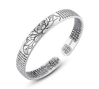 Pulsera Feng Shui Vintage de Plata Pura 999, Amuleto Budista Tibetano de Riqueza y Buena Suerte con Mantra de Seis Caracteres, Pixiu, Sutra del corazón, Pulsera Unisex Ajustable(Lotus B)