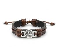 Pulsera Hombre Cuero - Pulsera de Cuero Trenzado Ajustable con Símbolo de Protección San Benito, Joya Vintage Hombre, Regalo para Cumpleaños, Navidad, San Valentín y Día del Padre (Marrón oscuro)