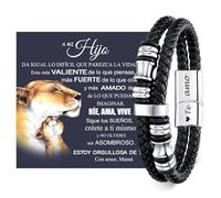 Pulsera Hombre Regalo para Hijo de Mamá con Grabado Te amo Pulsera de Cuero y Acero para Adolescentes y Adultos Jóvenes 18 Cumpleaños Graduación (Plata, 23 cm - se ajusta a muñecas de 18-20 cm)