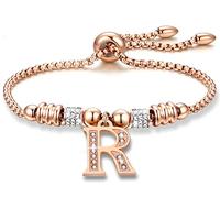 Pulsera Inicial Mujer Personalizada, Acero Inoxidable con Dije A-Z, Joyería para Dama, Regalos Cumpleaños Originales para Mama Amiga (Oro Rosa-R)