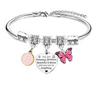 Pulsera inspiradora con letra inicial A-Z, pulsera con 26 letras del alfabeto para niñas y mujeres, pulsera con dije de mariposa, regalo de cumpleaños, talla única, Acero inoxidable, No es una piedra