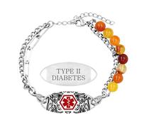 Pulsera Médica de Ágata Naranja con Cadena Doble - Pulsera de Identificación de Emergencia con Piedra de Acero Inoxidable Gravada para Diabetes Tipo 2, Pulsera de Perlas para Mamá, Abuela o Ancianos