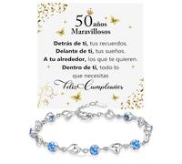Pulsera Mujer Idea Regalo 50 años Cumpleaños Plata de Ley 925 y Piedras Azules de Circonita Cúbica para ella Fiesta Evento - Estuche con DEDICATORIA incluido (50 feliz cumpleaños piedras azules 1)