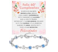 Pulsera Mujer Regalo 60 Años Cumpleaños Plata de Ley 925 y Piedras Azules de Circonita Cúbica para ella Fiesta Evento Especial - Estuche con DEDICATORIA incluido (60 feliz cumpleaños piedras azules)