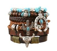 Pulsera occidental para mujer, pulseras elásticas con cuentas turquesas bohemias, estilo vintage, apilables, con cabeza de toro, botas de vaquero, juego de pulseras de plumas, accesorios de joyería