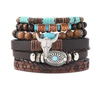 Pulsera occidental para mujer, pulseras elásticas con cuentas turquesas bohemias, estilo vintage, apilables, con cabeza de toro, botas de vaquero, juego de pulseras de plumas, accesorios de joyería