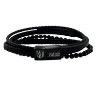 Pulsera Oficial Atlético de Madrid, varias tiras de cuero negro 100% vacuno. Cierre de seguridad grabado. Chapa frontal de acero grabada con el nombre del equipo.