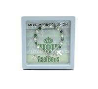 Pulsera Oficial Real Betis en plata de ley, con bolas verdes y cruz de nácar con Tarjeta