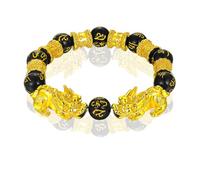 Pulsera para hombre, pulseras Pi Xiu, obsidiana negra Feng Shui, con la bestia sagrada china bañada en oro Pi Xiu atrae la riqueza y la buena suerte, pulsera elástica ajustable para hombres y mujeres