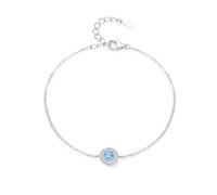 Pulsera para mujer, delicada pulsera para mujer, diseño de círculos simples con aguamarina redonda de 0,24 quilates y diamantes de laboratorio, 17+5CM, Oro blanco de 9, Aguamarina