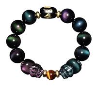 Pulsera,Pulsera De Obsidiana Feng Shui Pulsera Doble Prosperidad Arco Iris Obsidiana Ojo De Tigre Piedra Talismán Bolsa De Dinero Piyao Brazalete Elástico Mantra De Seis Palabras Tallado Dinero