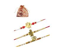 Pulsera Rakhi para hermano, Rakhi con forma de ídolo crujiente con Radhe, Ganesha y Om hecha de latón. Pulseras regalo para tu amado hermano/hermano, hermana, padre y miembro de la familia. Juego de 3