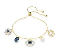 Pulsera Symbolica, Perla de cristal, Trébol, ojo turco y herradura, Azul, Acabado en oro de 18 quilates OS