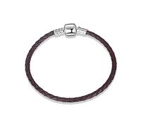 Pulsera trenzada de piel sintética de plata de ley 925 con cierre redondo, compatible con abalorios Pandora, joyería para niñas y mujeres (marrón, 20), 20, Cuero sintético Plata de ley Circonia cúbica