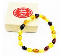 Pulsera unisex de ámbar báltico natural (19 cm) - joyería pulida de ámbar del mar Báltico - pulsera de ámbar para adultos (arco iris), 7.5 inches, Ámbar