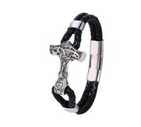Pulsera vikinga para hombre de piel con martillo de Thor, de acero inoxidable, pulsera Mjölnir, joyería vikinga, pulsera de cuero nórdico, ajustable de 18 a 24 cm, acero inoxidable, 20-22 cm, Acero