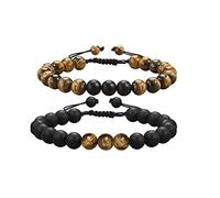 Pulsera Vintage, perlas para hombre, color negro, marrón, pulsera de perlas trenzadas ajustables de piedra natural de 8 mm, 2 unidades "I Love You", 2 unidades