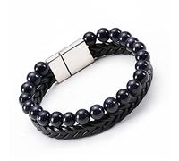 Pulsera y brazalete de cuero de piedra de ojo de tigre de piedra de arena azul de piedra natural de 8 mm Pulsera de hebilla de imán de doble fila para hombres, piedra de arena azul