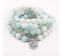 Pulsera y collar de piedra de amazonita nueva de 8mm, joyería de budismo tibetano para mujeres, hombres, Yoga, Chakra, oración, 108 cuentas, pulsera Mala, loto de bronce