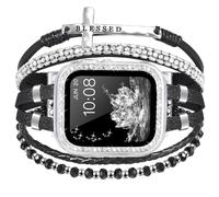 Pulsera y funda bohemia compatible con Apple Watch Band de 40 mm, 44 mm, 45 mm, 41 mm, 38 mm, 42 mm, correa de cuero multicapa hecha a mano con parachoques de purpurina para iWatch Series 9, 8, 7, 6,