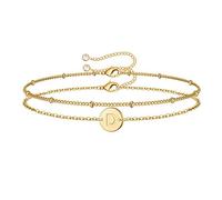 Pulseras con inicial de oro para mujeres y niñas, delicada pulsera con dije de letra inicial de 14 quilates con cuentas en capas, personalizada, 26 discos del alfabeto, pulsera con dije de monograma