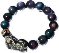 Pulseras De Cuentas,Pulsera De Obsidiana,Pulsera De Feng Shui Piyao Hielo Natural Ojo De Arco Iris Obsidiana Cuentas Redondas Cristal Talismán Brazalete Protege Suerte Amor Dinero Feliz Prosperidad(Ra