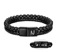 Pulseras de cuero con cuentas para hombres, regalos para él, pulseras con iniciales, cuentas de roca de lava, alivio de la ansiedad, letra A-Z, brazalete de cumpleaños, jubilación, aniversario