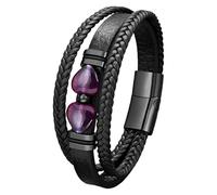 Pulseras De Cuero Para Hombre Con Cuentas, Piedra Ojo De Tigre Natural Y Corazón De Obsidiana Negra. Brazaletes De Cuero Trenzado Multicapa. Joyería Protectora. Regalo Ideal Para Él O Ella. Color