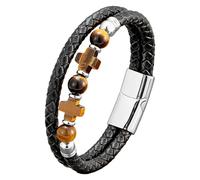 Pulseras De Cuero Trenzado Multicapa Con Piedras Naturales, Cruz De Piedras Preciosas, Cierre Magnético, Rosario De Cuentas, Accesorios De Joyería Religiosa Para Hombres Y Mujeres, Ojo De Tigre De