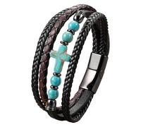 Pulseras De Cuero Trenzado Multicapa Con Piedras Naturales, Cruz, Piedras Preciosas, Cierre Magnético, Rosario De Cuentas, Accesorios De Joyería Religiosa Para Hombres Y Mujeres, Turquesa, 23 Cm