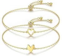 Pulseras de la amistad para mujer, juego de 2 pulseras de corazón a juego, chapadas en oro de 14 quilates, cadena de eslabones ajustables, regalos de joyería para mejor amiga, alma gemela, regalos del