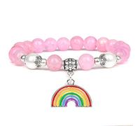 Pulseras de loto para mujeres y hombres, pulsera de 7 chakras, pulsera de piedra natural, mariposa y arco iris, hecha a mano, calcedonia rosa, 21 cm