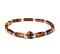 Pulseras de ojo de tigre natural para hombre, hechas a mano, 4 x 13 mm, cuentas de piedra rectangular, elástica, color plateado, piedra de ojo de tigre, 21 cm