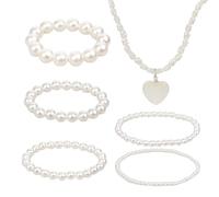 Pulseras De Perlas De 5 Piezas, Collar De Perlas De 1 Pieza, Pulsera Elástica De Perlas De Imitación, Pulsera De Perlas De Temperamento, Pulsera Multicapa, Joyería Para Mujeres Y Niñas