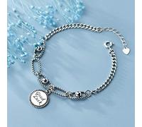 Pulseras de plata,Pulsera de plata,Brazalete de moda,Pulsera de plata de ley,Carta grabada de plata de ley 925 Encanto redondo Cadena de bordillo elegante Brazalete punk gótico de moda Pulsera de tobi