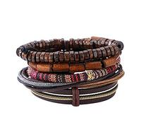Pulseras mixtas unisex ajustables hechas a mano de múltiples hebras trenzadas de cuero vacuno tejidas pulseras de cuentas de madera (1 juego de 5 piezas)