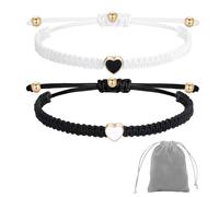 Pulseras para parejas, 2 pulseras ajustables en forma de corazón en blanco y negro hechas a mano, adecuadas para hermanas, mejores amigos, amigos cercanos, con bolsas de almacenamiento grises