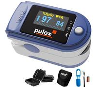 Pulsioxímetro Pulox PO-200 para medir el pulso y saturación de oxígeno que incluye estuche rígido, funda protectora de silicona, pilas y correa de transporte en azul oscuro.