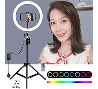PULUZ 12 pulgadas RGB regulable LED Anillo Vlogging Selfie Fotografía Video Luces Kits de transmisión en vivo con soporte de trípode de 1,1 m y cabezal de bola de trípode de zapato frío y abrazadera para teléfono para YouTube Video (enchufe británico)