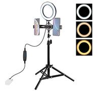 PULUZ Kit de luz LED de 6.2 pulgadas para fotografía de vídeo Vlogging Live Broadcast Dual Phone Bracket USB 3 Modos Regulables con montura de trípode de 70 cm para maquillaje y equipo de video de