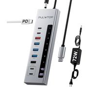 PULWTOP Powered USB C Hub, 10-in-1 USBC HUB with 3 x USB A/C 10Gbps, 3 x USB-A 5Gbps, USB A 2.0, 100W PD-in, 2 x 24/45W USBC PD Charging Data Hub for PC/Laptops (72W Adapter Included)